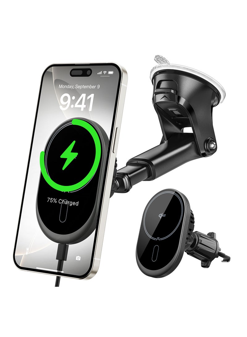 A2C MagSafe Car Mount Charger, QI2 15W Wireless Car Charger with Semiconductor Cooler, Magnetic Car Charger for iPhone 16 15 14 13 12, Dash+Windshield+Vent Mount, PD 30W Adaptor Included - Image 2